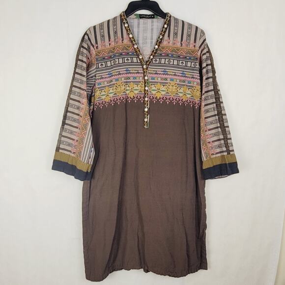 Limelight Brown Embroidered Split Hem Tunic Top Medium Lagenlook Boho Pakistan - Picture 1 of 10